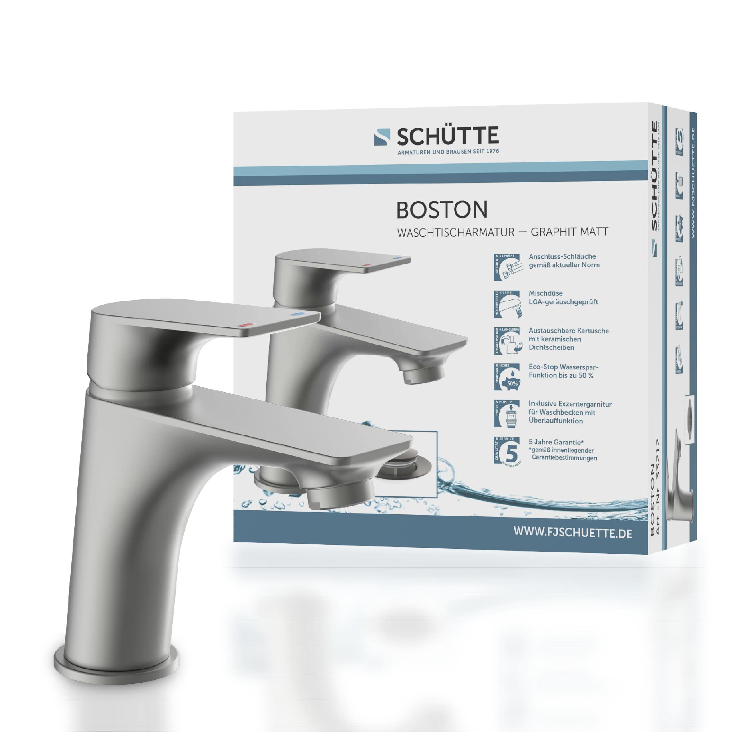 SCHÜTTE Boston 33212 Bathroom Tap Graphite Matt Wash Basin Mixer Tap Grey Modern Single Lever Mixer Tap with Drain Fitting, Basin Mixer Tap for Your Bathroom