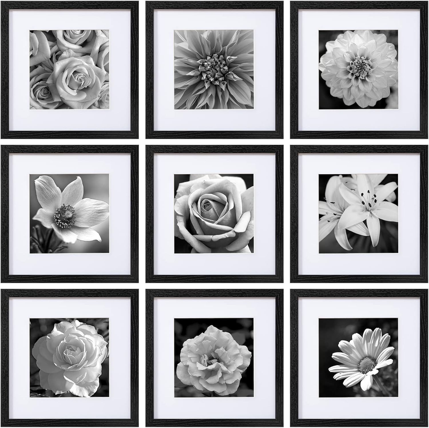 Photo Albums, Frames & Accessories - eletecpro 12x12 Picture Frames Set of 9 Classic Gallery Wall Frame Set Displays 8x8 Photo with Mat or 12x12 without Mat, Square Picture Frames Collage Wall Decor, Black Modern Home Decor for Hanging