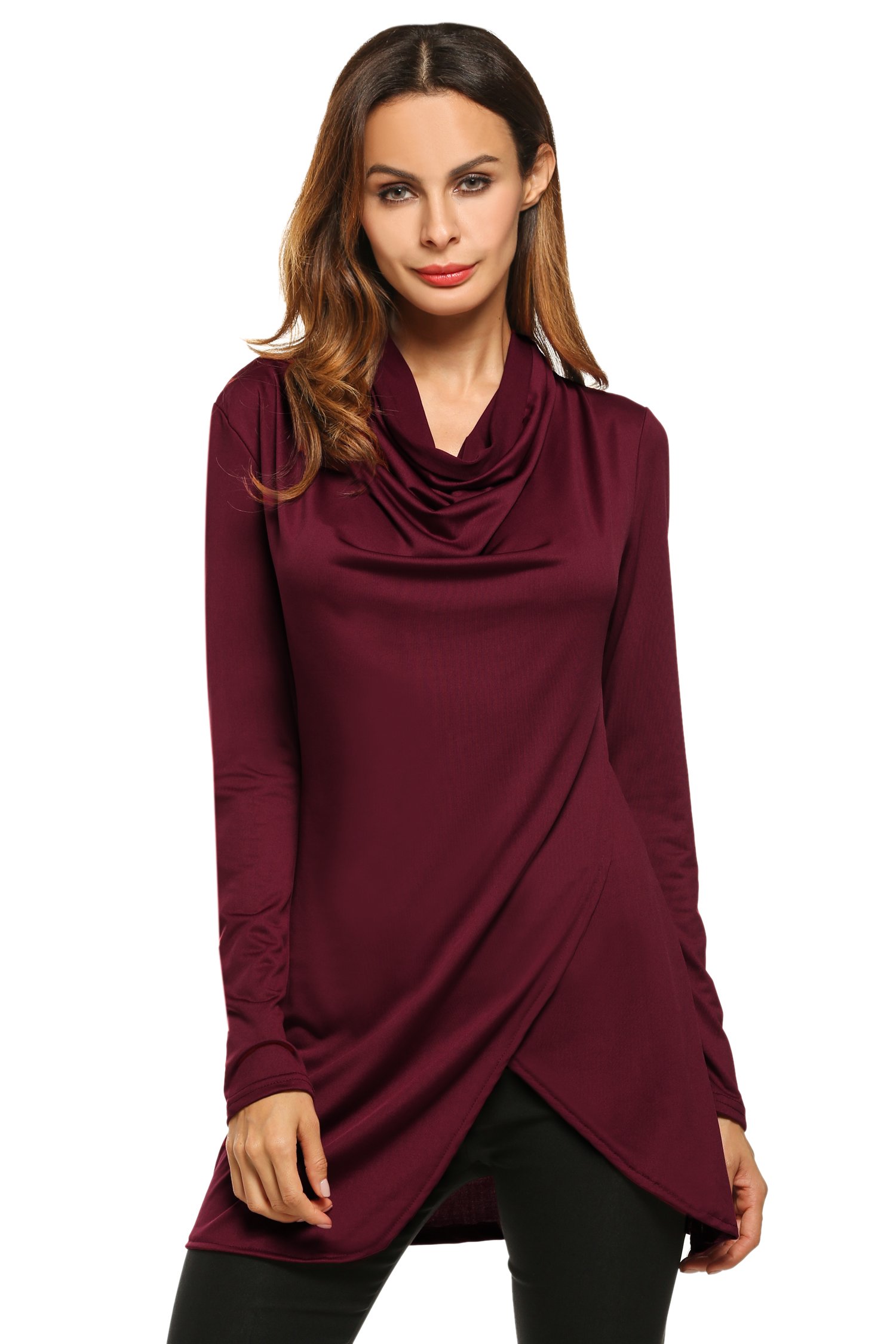 Hotouch Women Long Sleeve Solid Tunic Top Slim Hankerchief Hem Shirt Wine Red S