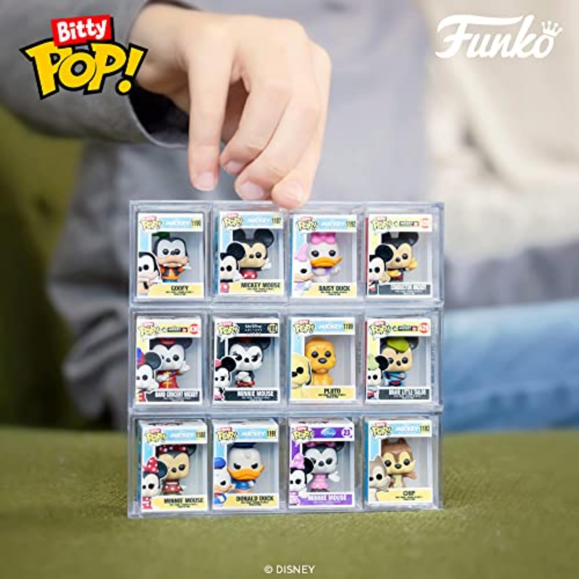 Funko Bitty POP! Disney - Mickey, 4-Pack - Mickey Mouse, Minnie Mouse (Pink Dress), Pluto and A Surprise Mystery Mini Figure - 0.9 Inch (2.2 Cm) Collectable - Stackable Display Shelf Included
