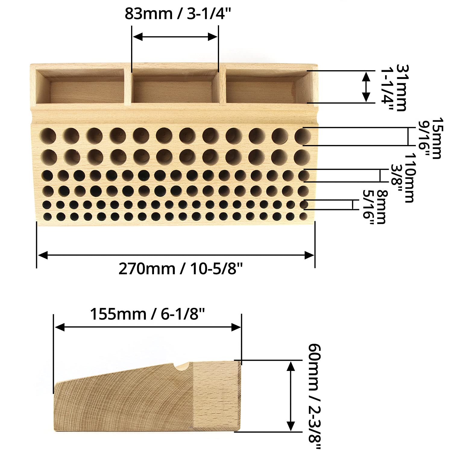QWORK Leather Working Tool Holder, 98 Holes Wooden Leathercraft Tool Rack Stand Organizer with 3 Slots, Making Punch Tools Storage