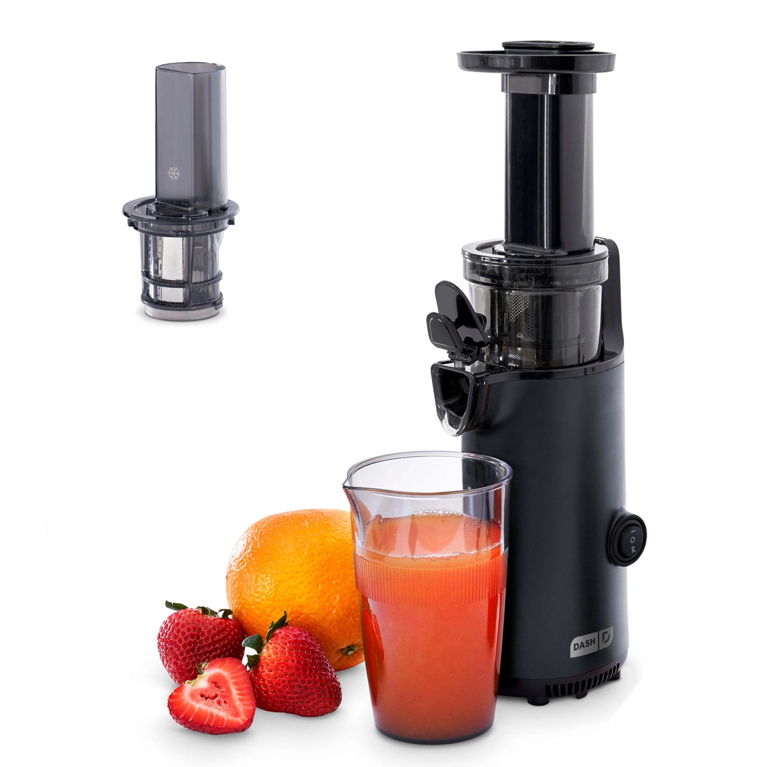 Photo 1 of DASH Deluxe Compact Masticating Slow Juicer, Easy to Clean Cold Press Juicer with Brush, Pulp Measuring Cup, Frozen Attachment and Juice Recipe Guide - Black
