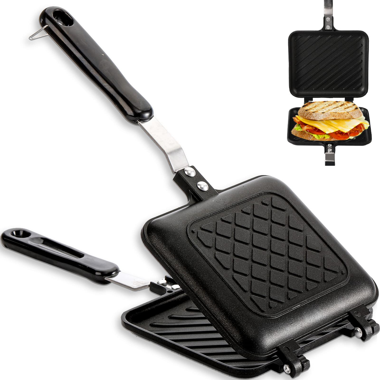 Photo 1 of ZOOFOX Sandwich Maker, Grilled Sandwich and Panini Maker Pan with Non-Stick Plates, Stovetop Toasted Sandwich Maker Aluminum Flip Pan for Home Kitchen, 5.9" L x 14.2" H