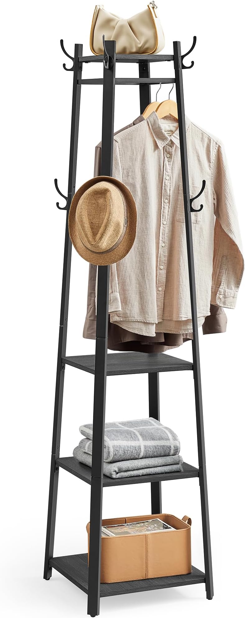 VASAGLE Coat Stand with 8 Double Hooks 4 Shelves Charcoal Grey Ink Black