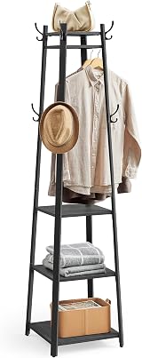 VASAGLE Coat Stand with 8 Double Hooks 4 Shelves Charcoal Grey Ink Black
