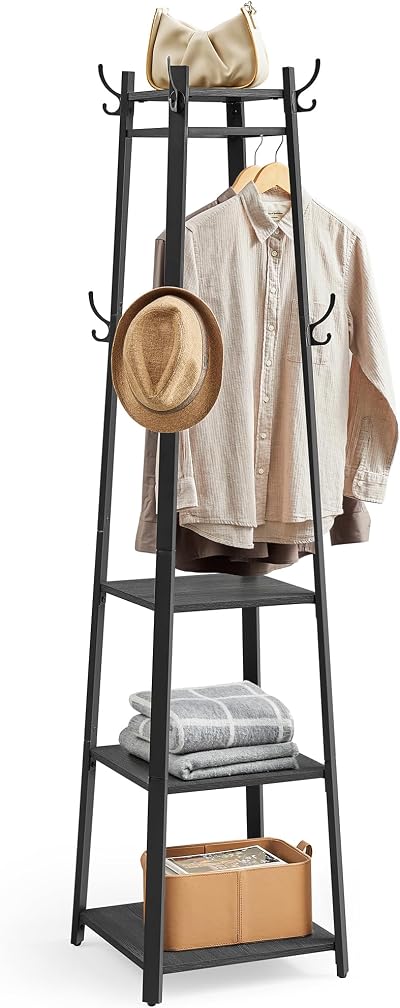 VASAGLE Coat Stand with 8 Double Hooks 4 Shelves Charcoal Grey Ink Black