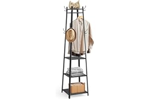VASAGLE Coat Rack, Coat Stand with 3 Shelves, Hall Tree Free Standing with Hooks for Scarves, Bags, Umbrellas, Steel Frame, I