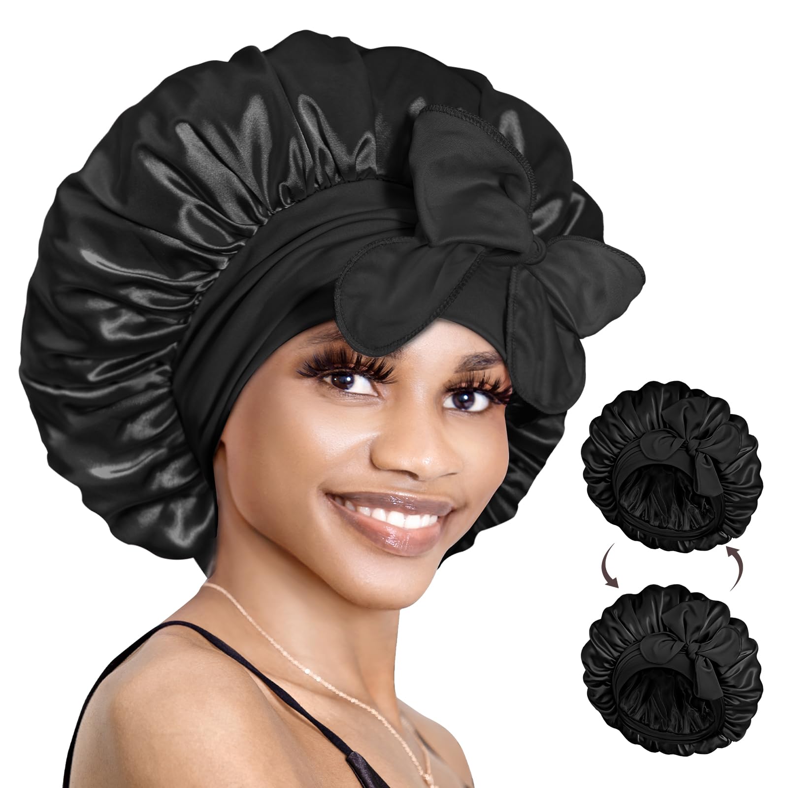 BONNET QUEEN Silk Bonnet Reversible for Sleeping for Curly Hair, Double Layer Sided Satin Bonnet for Women & Men, Adjustable Silk Scarf Night Cap with Tie Band, Black