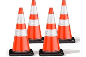 (4 Pack) BATTIFE Traffic Cones 28 Inch with Black Weighted Base, PVC Orange Cone for Traffic Control, Construction Events, Driveway Road Parking Lot