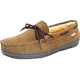 PEDOQU Men’s moccasin slippers with tie genuine leather upper memory foam slip on warm house shoes, Indoor & outdoor breathable loafer slipper for D width