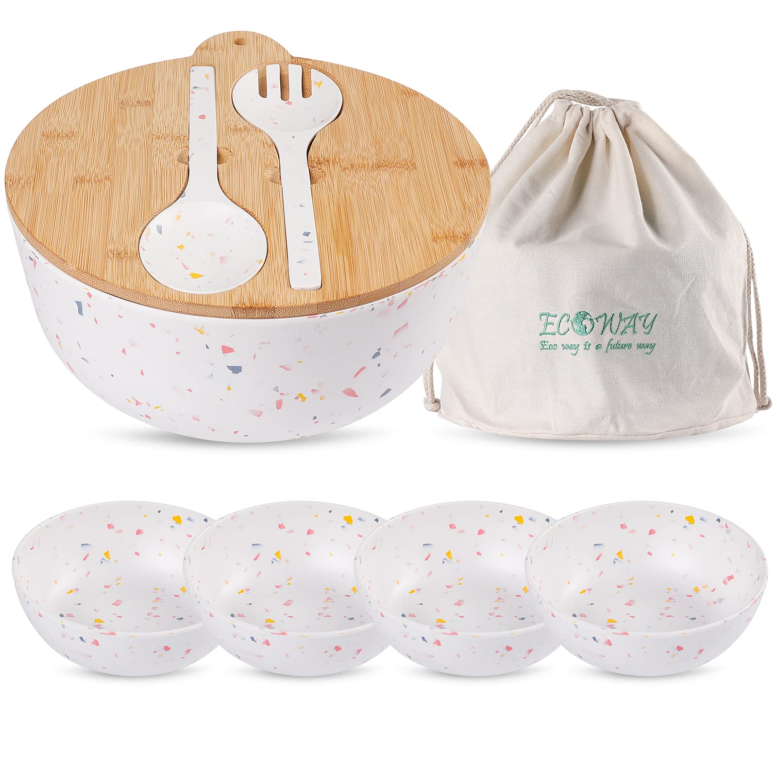 Photo 1 of ECOWAY Melamine Salad Bowl, Bamboo Fiber Salad Bowl Large with 4 Small Serving Bowls and Bamboo Lid Cutting Board with Handle and Silicone Seal Ring Perfect for Storage Salad Foods(Spots,9.8 Inches)