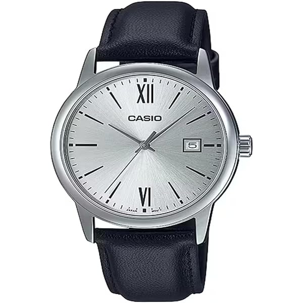 Casio MTP-V002L-2B3 Orologio Uomo Classico – Quarzo Giapponese, Cinturino In Pelle Blu, Quadrante Argento, Data