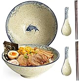 Niturceal Ceramic Ramen Bowl Set of 2, 40oz Japanese Noodle Bowls with Spoons &amp; Chopsticks Porcelain Large Soup Bowl for Pho, Udon, Retro Style Tableware Microwave &amp; Dishwasher Safe, Fish