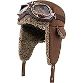 Peicees Aviator Hat and Goggles for Adult Men Women Vintage Pilot Hat Costume Winter Trapper Hat with Fur Ear Flaps Fleece