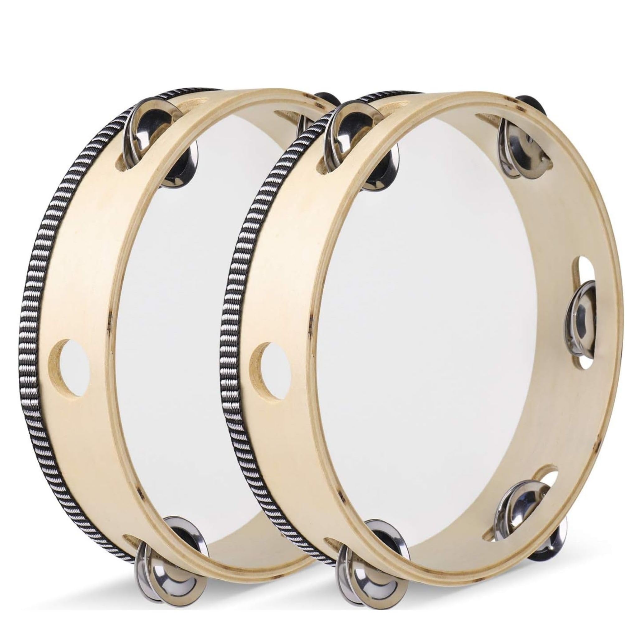 Flexzion Wood Handheld Tambourine (2 Pack) 8 Inch Single Row 5 Pair Jingles, Hand Held Percussion Drum Moon Musical Tambourine with Ergonomic Handle Grip for Kids Adults Classroom Gift Party