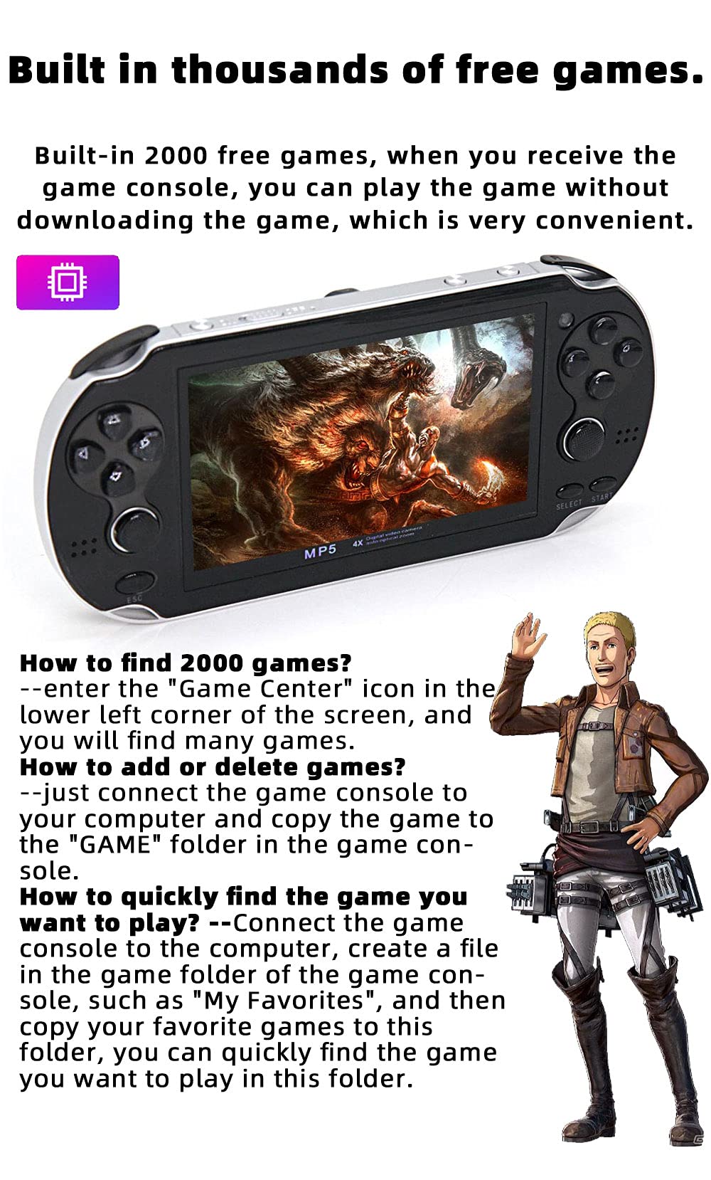 CZT Handheld Game Console 4.3 inch Double Joystick 8GB Build in 2200 Retro Game Video Game Console Arcade Multiple Emulator Mini Portable Game Player MP3/4 TV Out Gifts for Children/Men(Black)