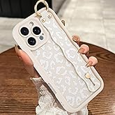 MOWIME Compatible with iPhone 16 Pro Max Case with Wrist Strap, [Upgraded] Adjustable Wristband Kickstand Case for Women Girls, Cheetah Print Shockproof Silicone Protective Cover 6.9 inch, White