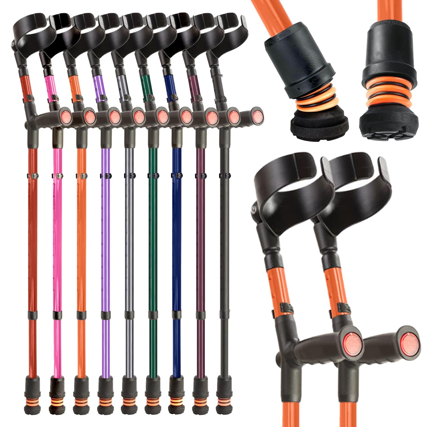 Flexyfoot Shock Absorbing Soft Grip Double Adjustable Crutches - Improve Safety, Improve Grip, Reduce Shocks & Jarring - Pair - Orange