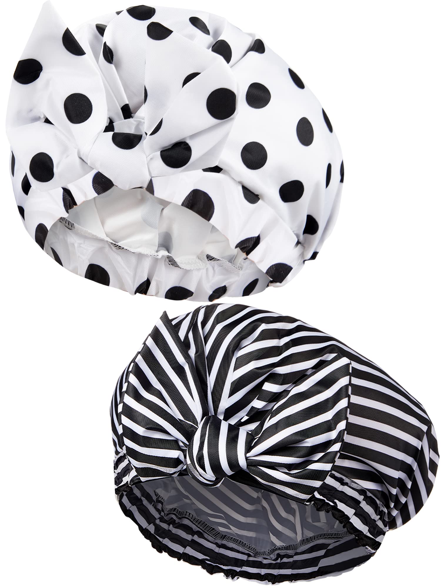 2 Pieces Shower Caps for Women, Waterproof Reusable Shower Hair Caps Elastic Hem Shower Bath Caps for Short Curly and Long Hair for Women Girls (Black Dot and Stripe)