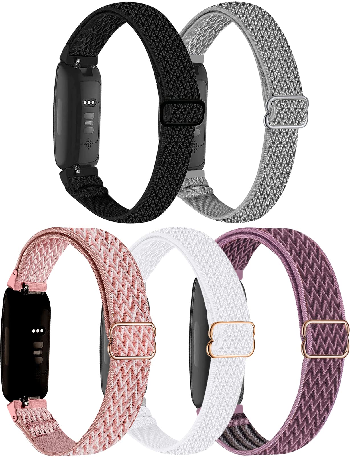 5-Pack Elastic Nylon Bands Compatible with Fitbit Inspire 3/Inspire 2/Inspire HR/Inspire, Breathable Adjustable Replacement Stretchy Nylon Loop Wristband Sport Strap for Women Men, 502