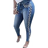 LifeShe Women's Pearls Jeans Mid Waisted Skinny Denim Pants Stretch Slimming Jeggings Plus Size