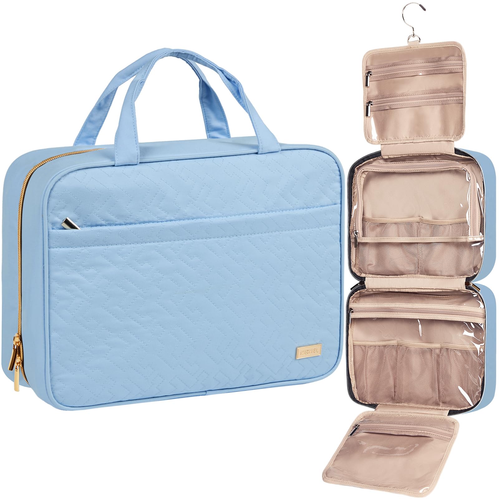 NISHEL Travel Toiletry Bag for women, Portable Hanging Organizer for Family-Sized Shampoo, Conditioner, Brushes Set, Makeup Accessories, Extra Large Size, Placid-Blue Image