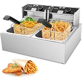 Commercial Deep Fryer, 3400W Electric Deep Fryers with 2x6.35QT Baskets | 0.8mm Thickened Stainless Steel Countertop Oil Fryer 20.7QT Large Capacity with Lids Temperature Controller (12L)
