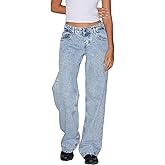 Mxiqqpltky Low Rise Jeans for Women Mom Jeans Wide Straight Leg Baggy Jeans Y2k Vintage Boyfriend Denim Pants Streetwear