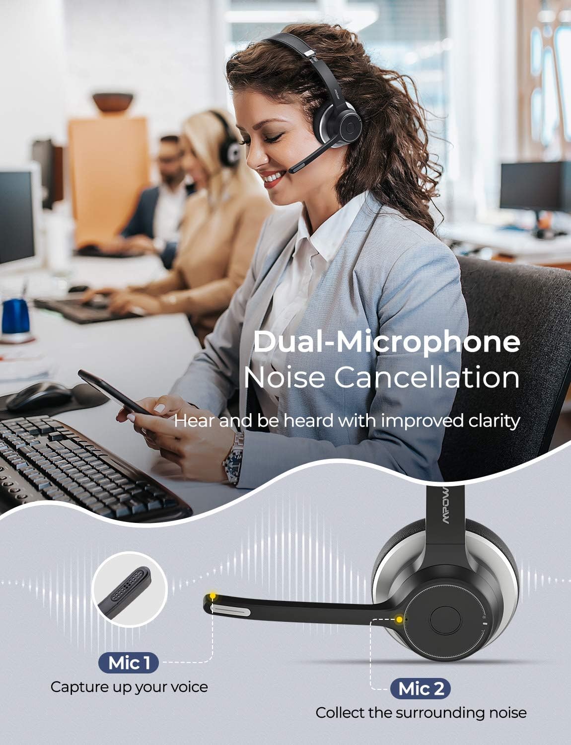 Mpow Bluetooth Headset V5.0 with Dual Microphone, Wireless PC Headphones,CVC8.0 Noise Canceling, On Ear for Computer,Cell Phone, Call Center, Office, Skype, 22 H Talk Time,Soft Earpad (Wired Optional): Electronics