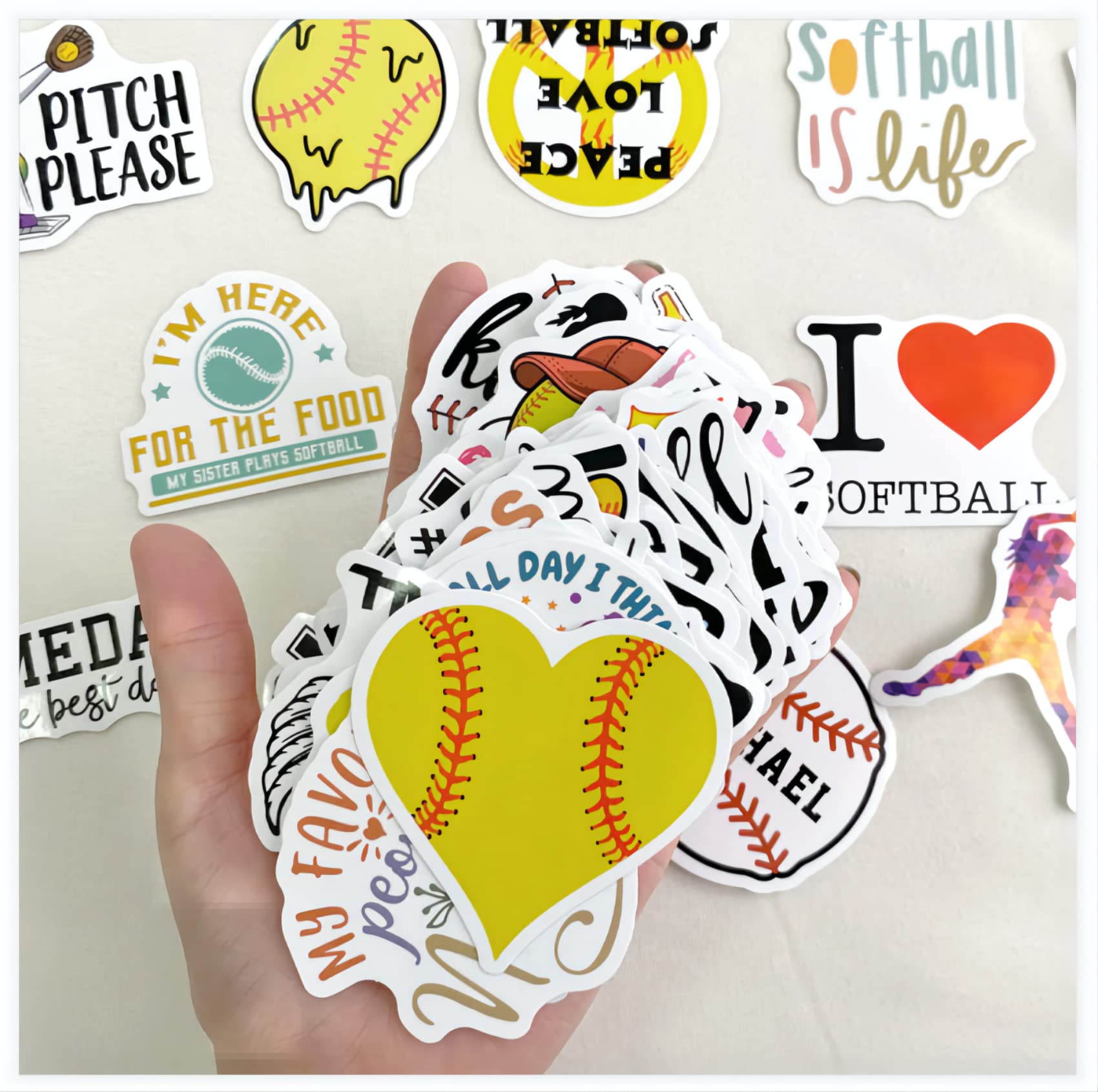 Lamdo Softball Stickers 100PCS Baseball Accessories, Softball Gifts for Girls and Teen, Waterproof Vinyl Helmet Stickers for Water Bottle, Laptop, Skateboard, Bag, Glove (Yellow)