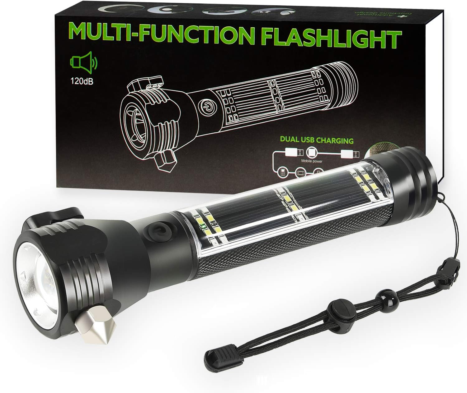 Solar Flashlight Car LED Tactical Flashlight Solar Powered, Ultra