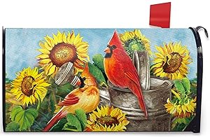 FBCOO Spring Summer Cardinal Sunflower Mailbox Cover Magnetic Standard Size 21" x 19", Floral Flower Red Bird Rustic Decorative Post Letter Box Wrap Decor Fall Autumn Garden Yard Outdoor Decoration