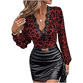 SOLY HUX Women's Leopard Print Lace Tops Long Sleeve T Shirt V Neck Bishop Tee