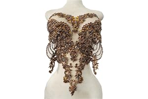 ZBROH Handmade red/Blue/Gold/Green Rhinestones lace Bodice Applique Sewing Beads Crystal Trim Patches Accessory for Dress Clothes (Brown)