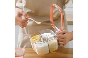 ADVOK4 Compartment Condiment Pots Set, Transparent Seasoning Box with Lids and Spoons, Convenient and Neat Storage Solution for Your Kitchen (Transparent Orange)