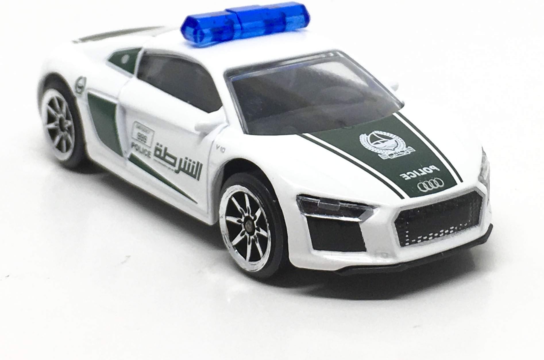 Audi R8 V10 White Dubai Police 1/64 Diecast Car Scale Model (Real Scale 1/58 - MJ Ref# 237F - Wheel 8S) - Loose Pack - Free Display Case