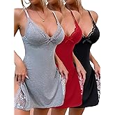 CHICME Women's Lace Trim Side Slit Modal Cami Sleep Dress Loungewear Sexy Night Gowns for Women