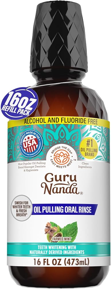 GuruNanda Coconut Oil Pulling Mouthwash with Vitamins, Farmed Mint, 16 oz | Oil Pulling Mouth Wash with 7 Essential Oils|100%