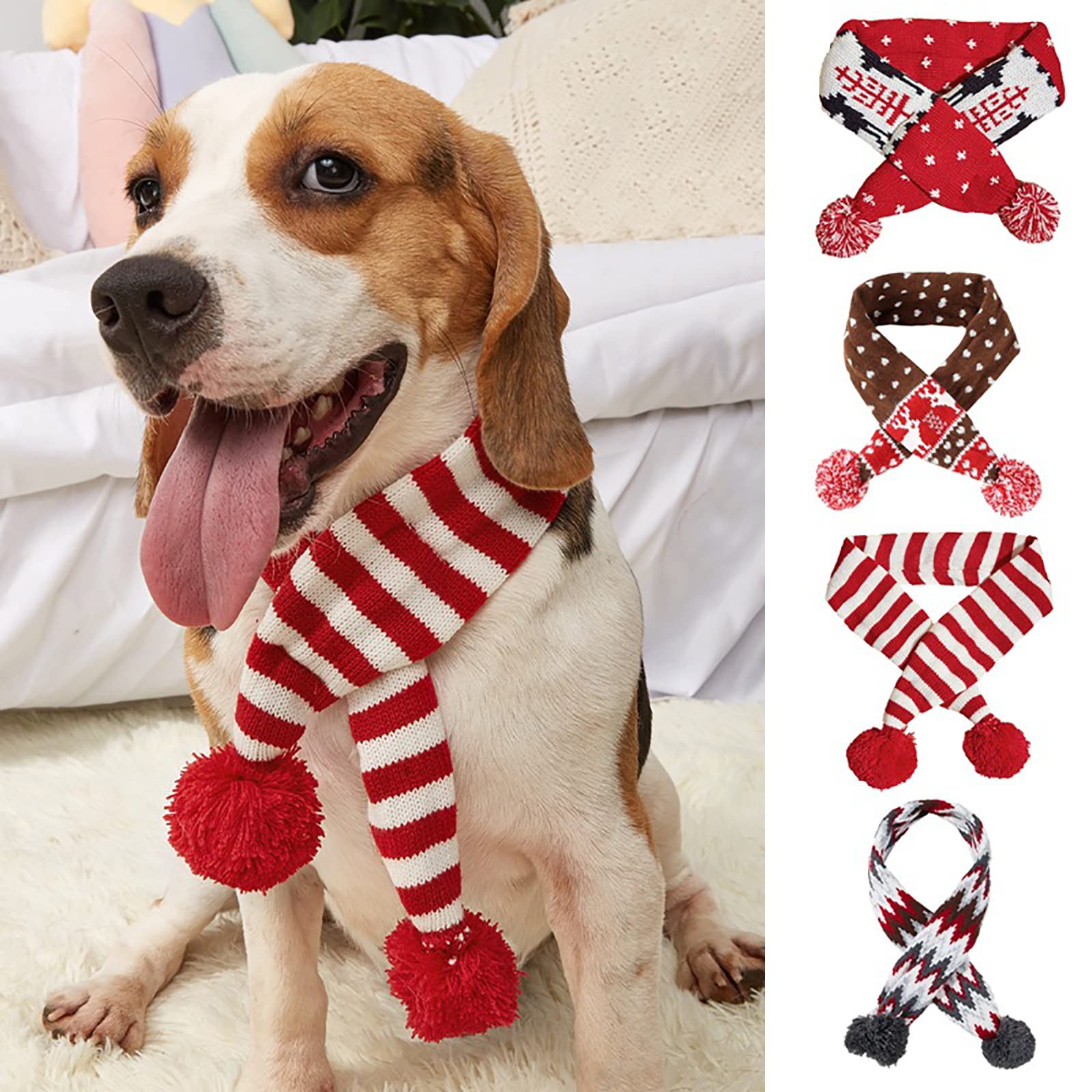 Dog Christmas Scarf Pet Puppy Xmas Knitted Costume Winter Warm Bandanas Neckerchief Cat Neck Warmer Apparel for Holiday Festive (Medium, Red White Stripes)