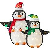 Jingle Joy 2-Piece 36-Inch LED Lighted Outdoor Penguin Family Set - Weather Resistant with Ground Stakes - Festive Winter Christmas Decorations - Holiday Yard, Lawn and Garden Decor (Red/Green)
