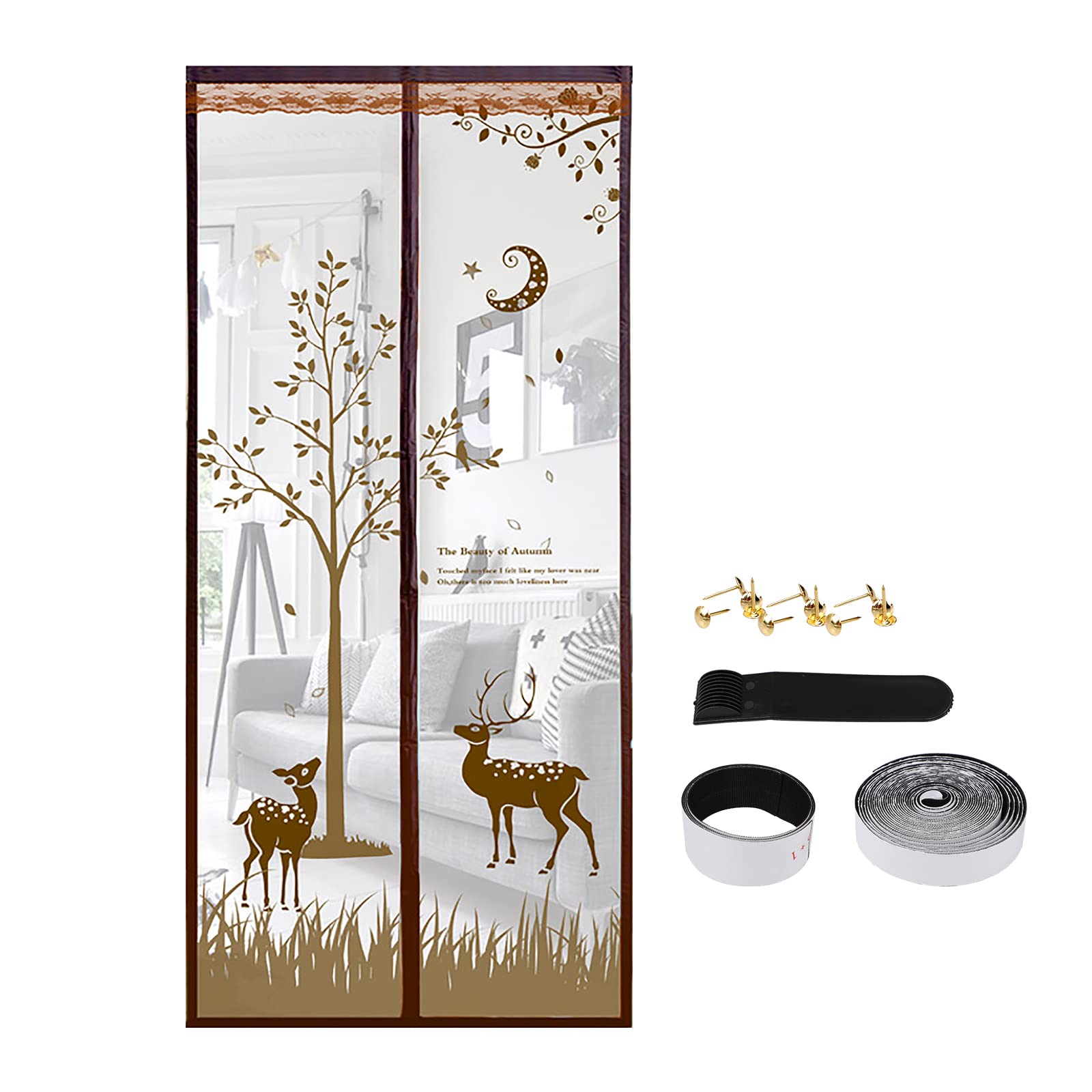 Floral Magnetic Insect Door Screen High Density Fly Bug Mosquito Mesh Curtain Top-to-Bottom Let Fresh Air in Automatically Shut Door Curtain, 90x210 cm Coffee Deer