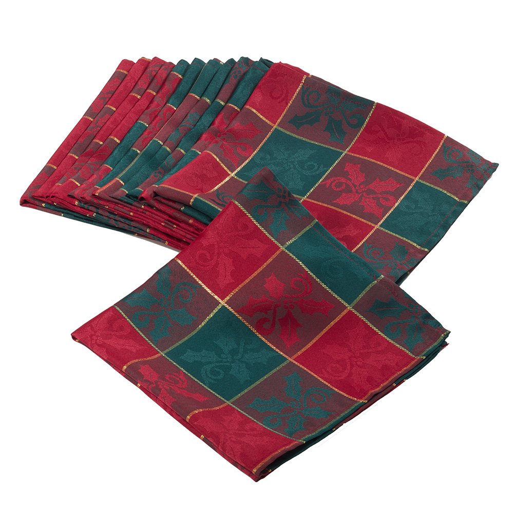 Red & Green Christmas Holiday Plaid Designed Printed Holly Cloth Napkins (Set of 4), 20" Square