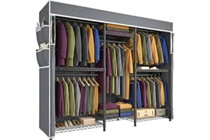 Raybee Clothes Rack with Cover,Clothing Racks for Hanging Clothes Heavy Duty,Portable Closet with Shelves,Adjustable,Loads 905 LBS,Black,75" W*17.8" D*77" H