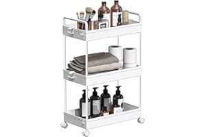 SOLEJAZZ 3 Tier Rolling Storage Cart with Wheels Slim Craft Nail Makeup Snack Art Baby Utility Cart Organizer on 2 Lockable Wheels for Bathroom Laundry Room Kitchen Bedside Narrow Spaces, White