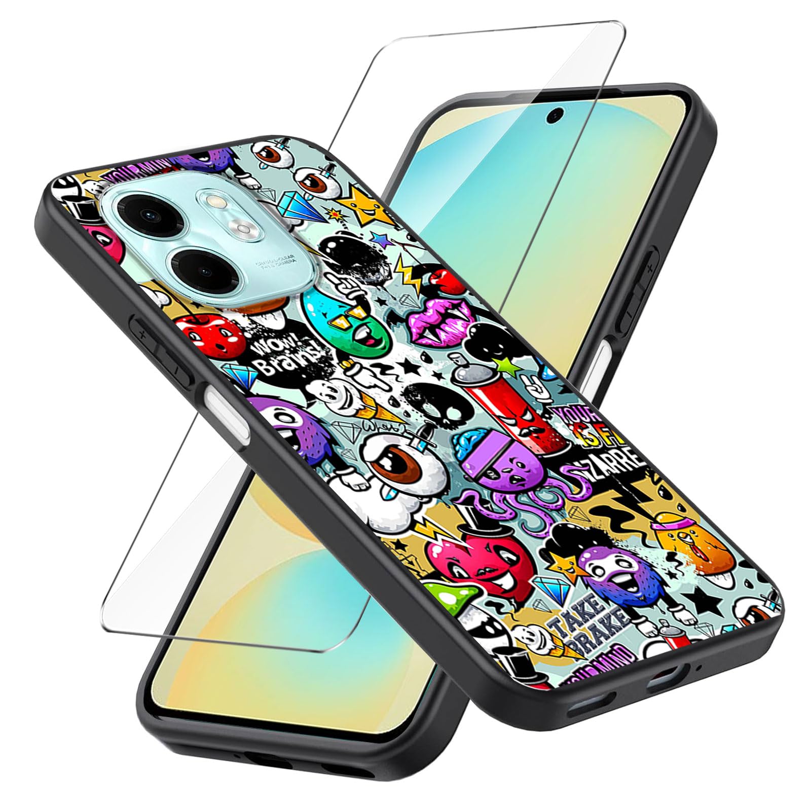 LYZXMY Case for Infinix Smart 9 (6.7") + Tempered Film Glass Screen Protector - Black Silicone Soft TPU Cover Shell - Monster