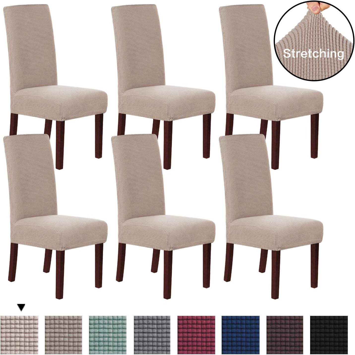 H.Versailtex 6 Pack High Stretch Rich Jacquard Dinning Chair Cover High Spandex Lycra Protector Seat Machine Washable/Skid Resistance Chair Covers, Sand