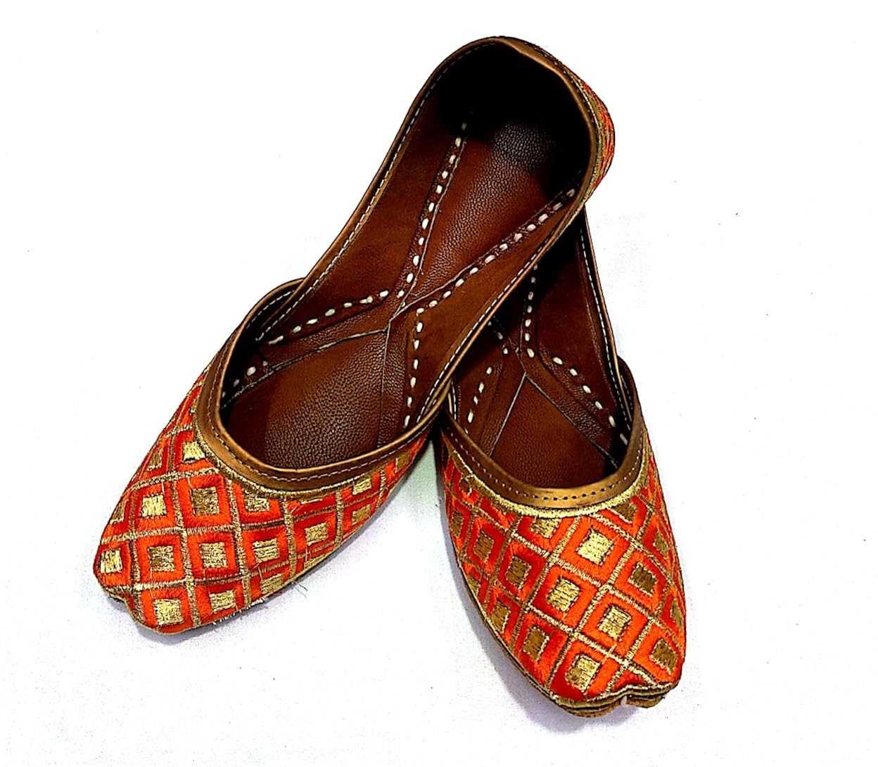 noor enterprises women's orange leather punjabi jutti