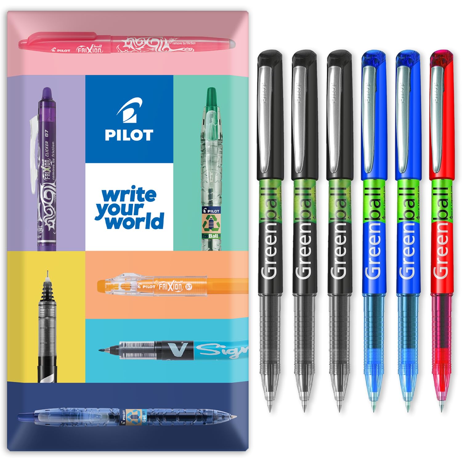 PILOT GreenBall Liquid Ink Rollerball Pen - Begreen Range 89% Recycled - Pack of 6 Pens - Medium 0.7mm Nib - Ideal for Writing, School, Home, Revision, Office - In Envelope Gift Packaging (Mixed)