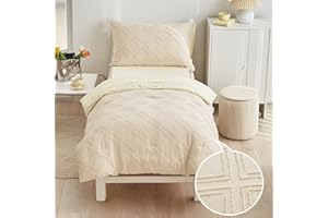 FLYSHEEP 4 Pieces Tufted Toddler Bedding Set Solid Beige Jacquard Tufts, Soft and Embroidery Shabby Chic Boho Bohemian Design for Baby Boys n Girls, Includes Comforter, Flat Sheet, Fitted Sheet and Pillowcase
