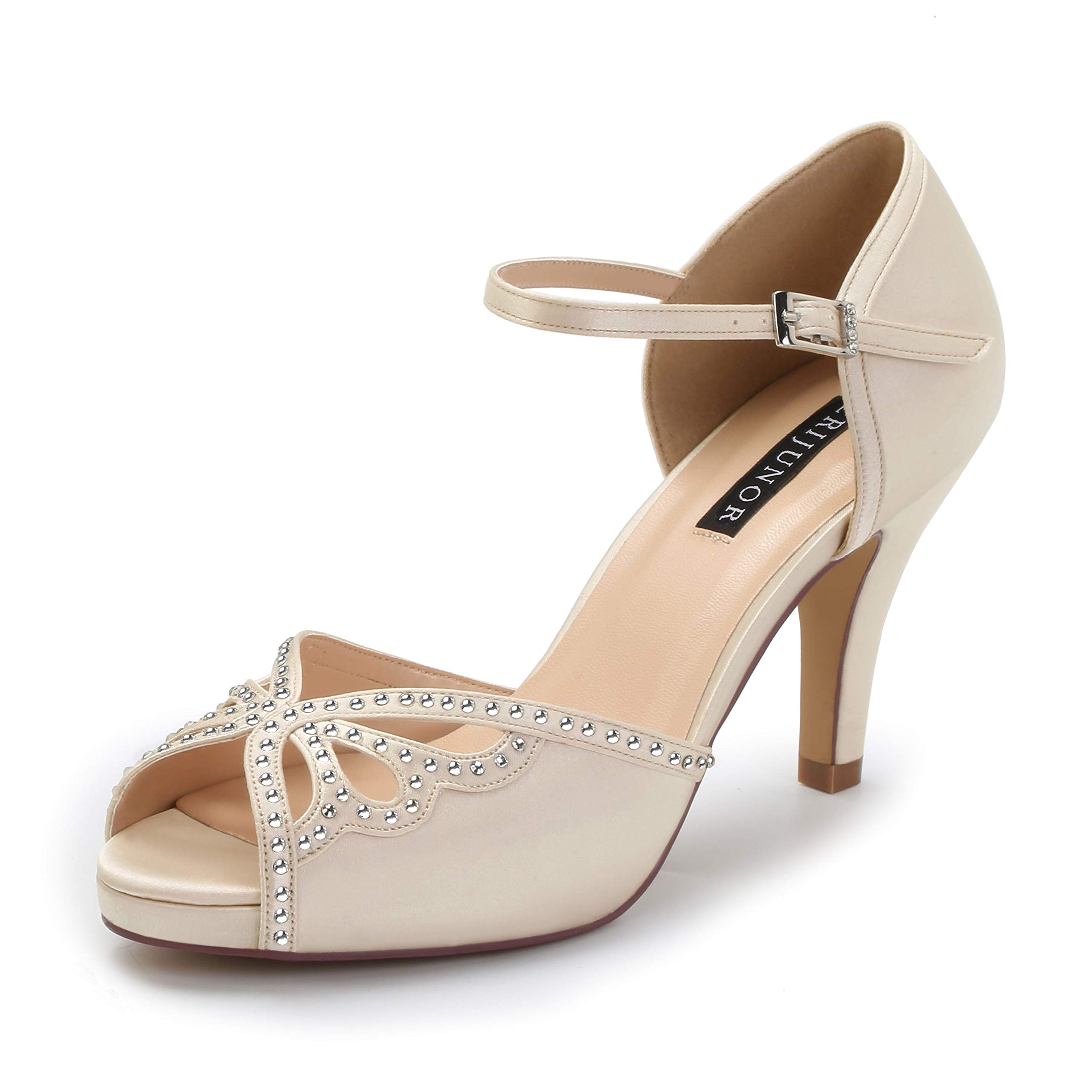 ERIJUNOR E8868B Women Comfort Stilettos Open Toe Platfrom Mid Heel Sandals Rhinestones Party Shoes Champagne Size 8